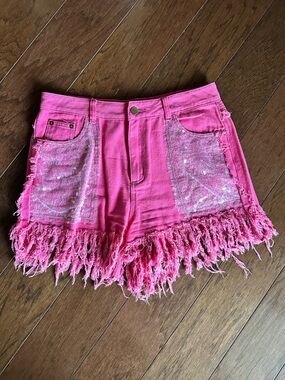 Blue Velvet High-Rise Hot Pink Frayed Fringe Denim Shorts Sequins NWOT